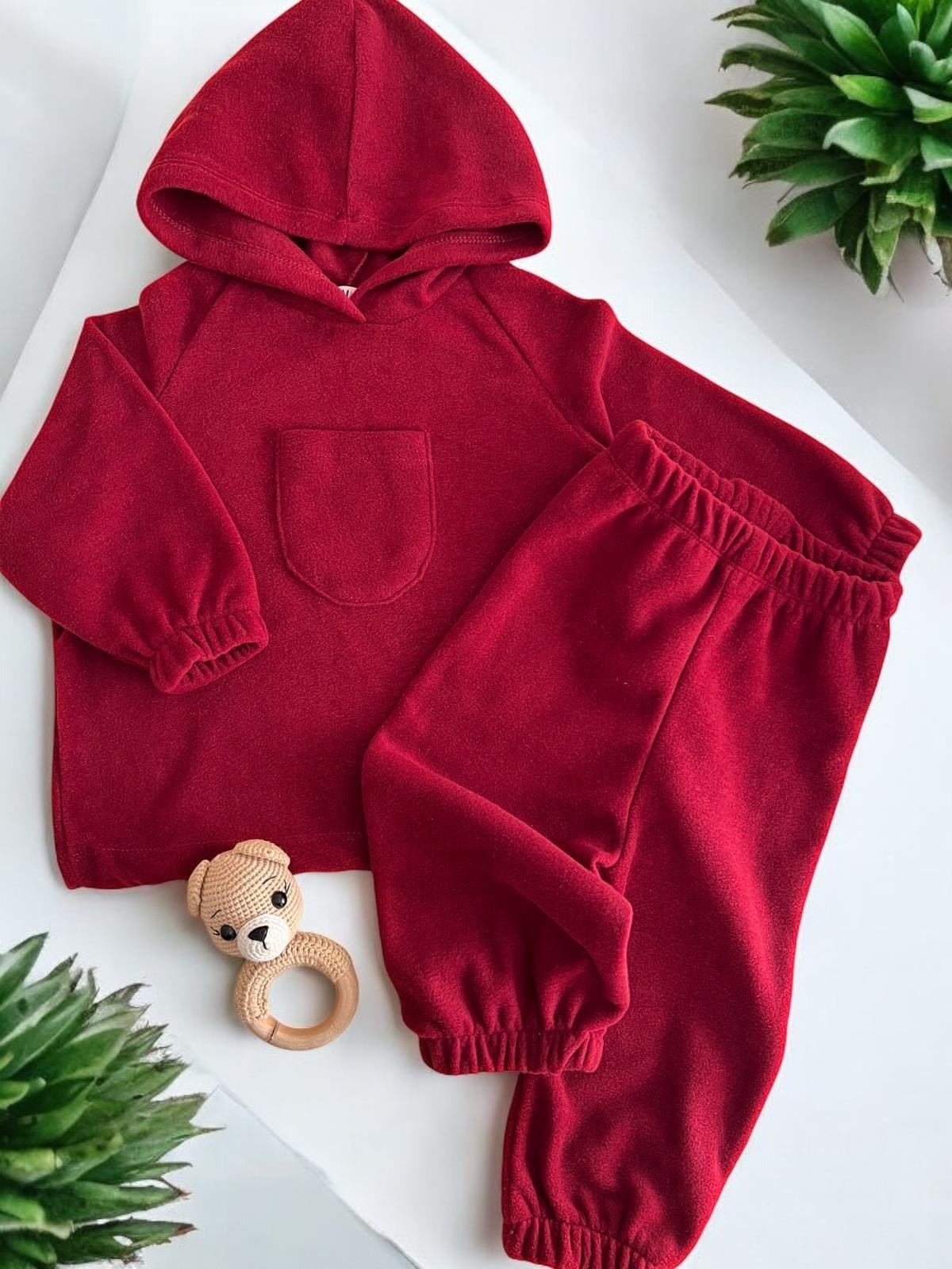 UNİSEX BORDO KAPİŞONLU POLAR TAKIM