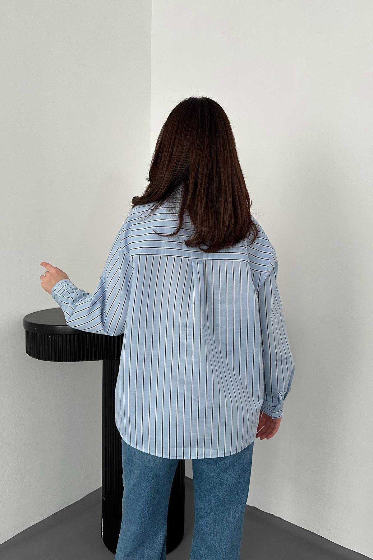 Toptan Bebe Mavi Boyundan Bağlamalı Çizgili Gömlek