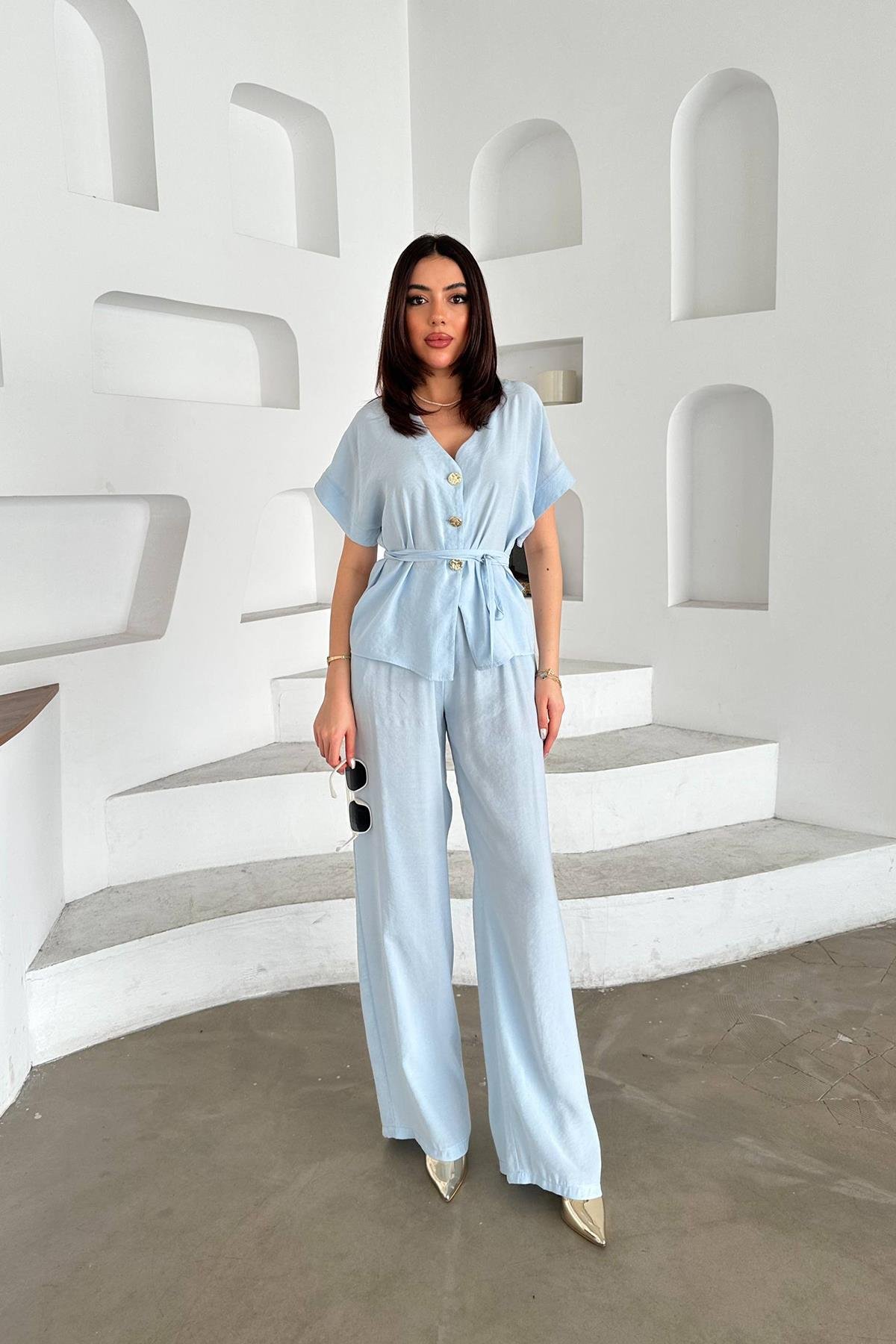 Toptan Bebe Mavi Düğme Detaylı İkili Modal Takım