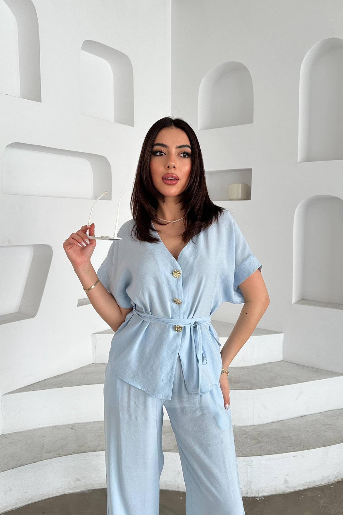 Toptan Bebe Mavi Düğme Detaylı İkili Modal Takım