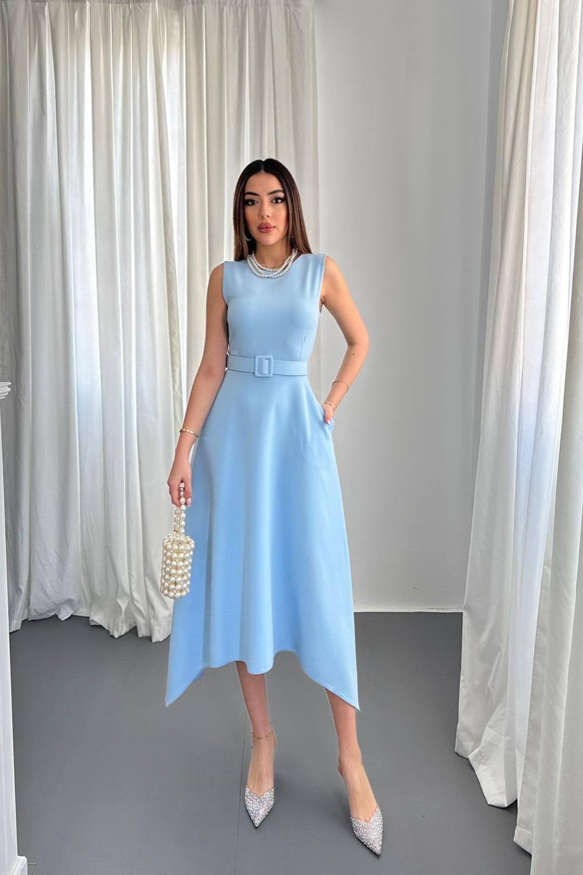 Toptan Bebe Mavi Etek Ucu Asimetrik Atlas Elbise