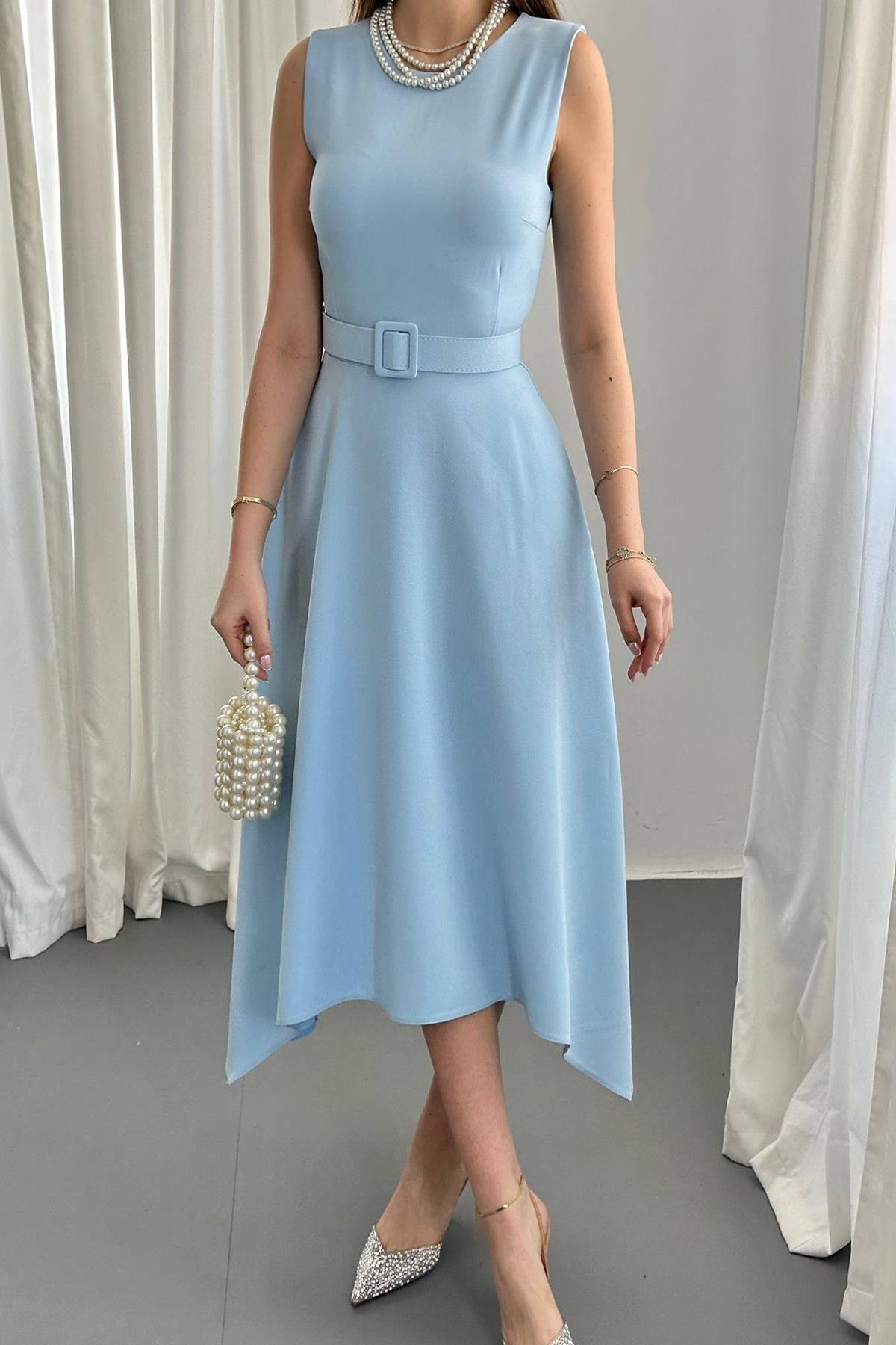 Toptan Bebe Mavi Etek Ucu Asimetrik Atlas Elbise