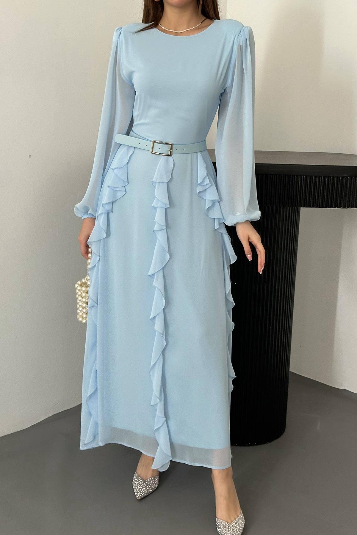 Toptan Bebe Mavi Kemerli Şifon Elbise