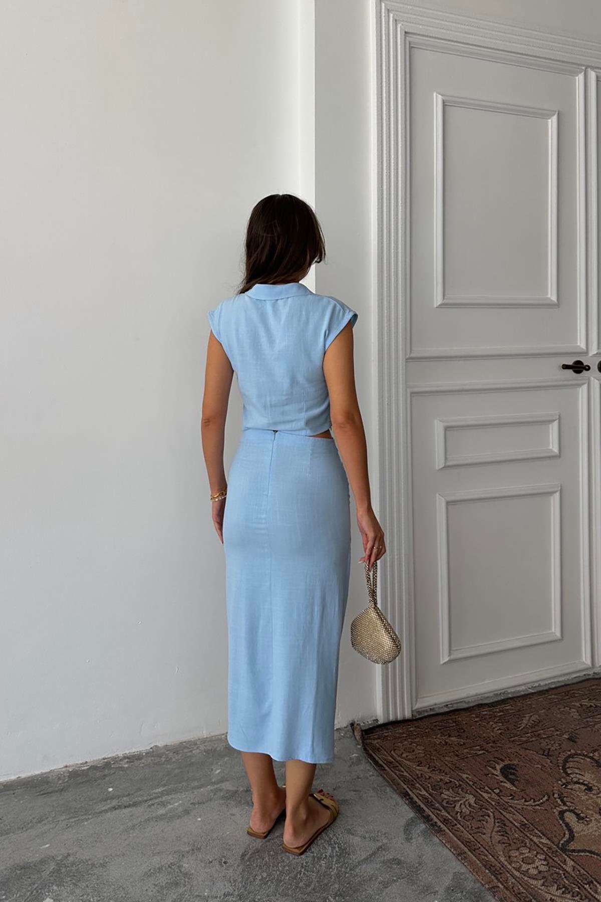 Toptan Bebe Mavi Keten Gömlek Ve Etek Takım