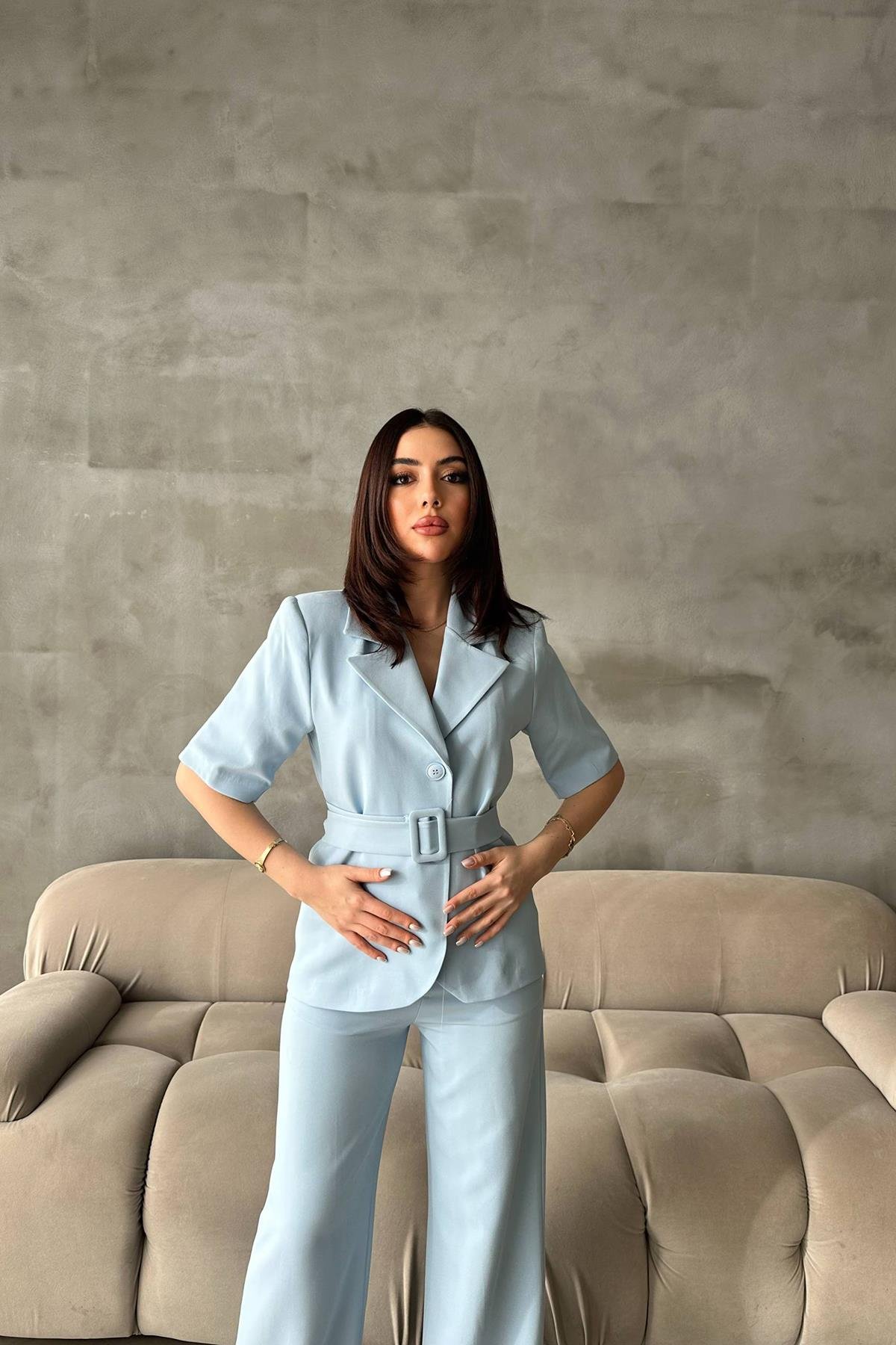 Toptan Bebe Mavi Kısa Kollu Ceket Pantolon Takım