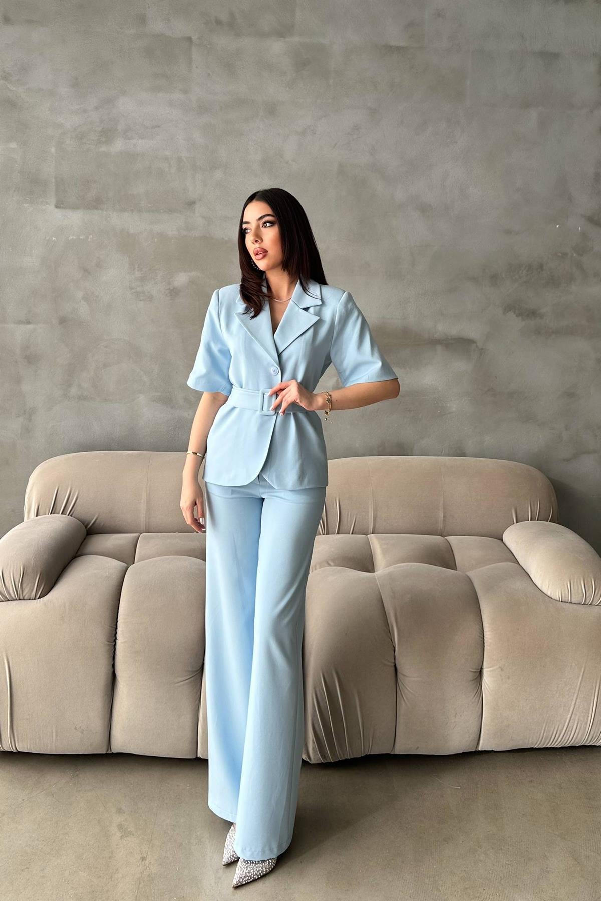 Toptan Bebe Mavi Kısa Kollu Ceket Pantolon Takım