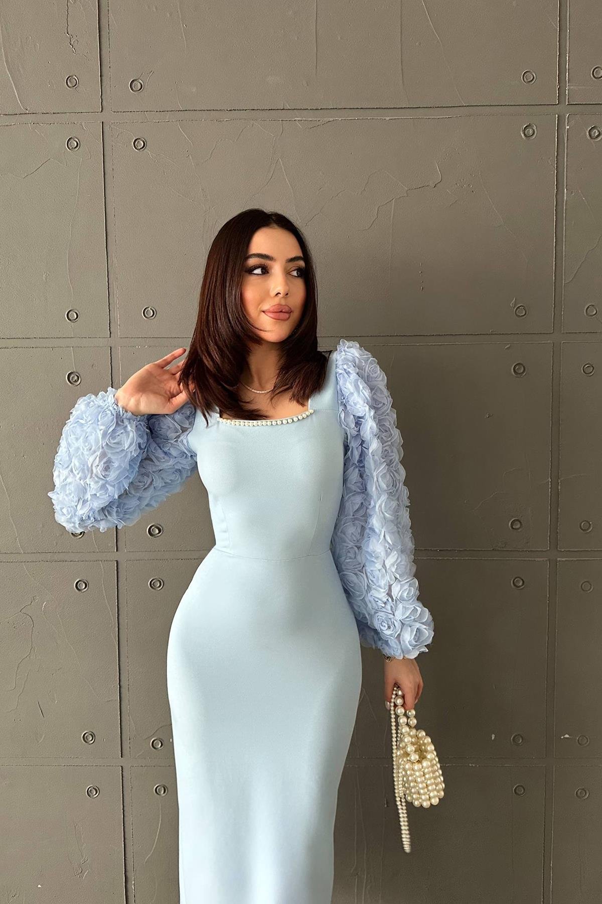 Toptan Bebe Mavi Kolları Çiçekli Atlas Elbise