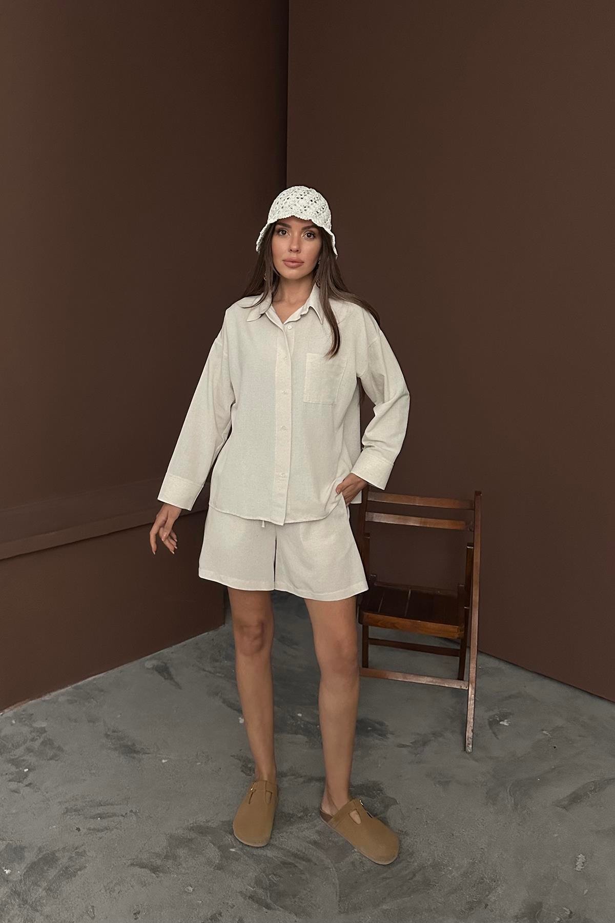 Toptan Bej Alaçatı Keten Takım