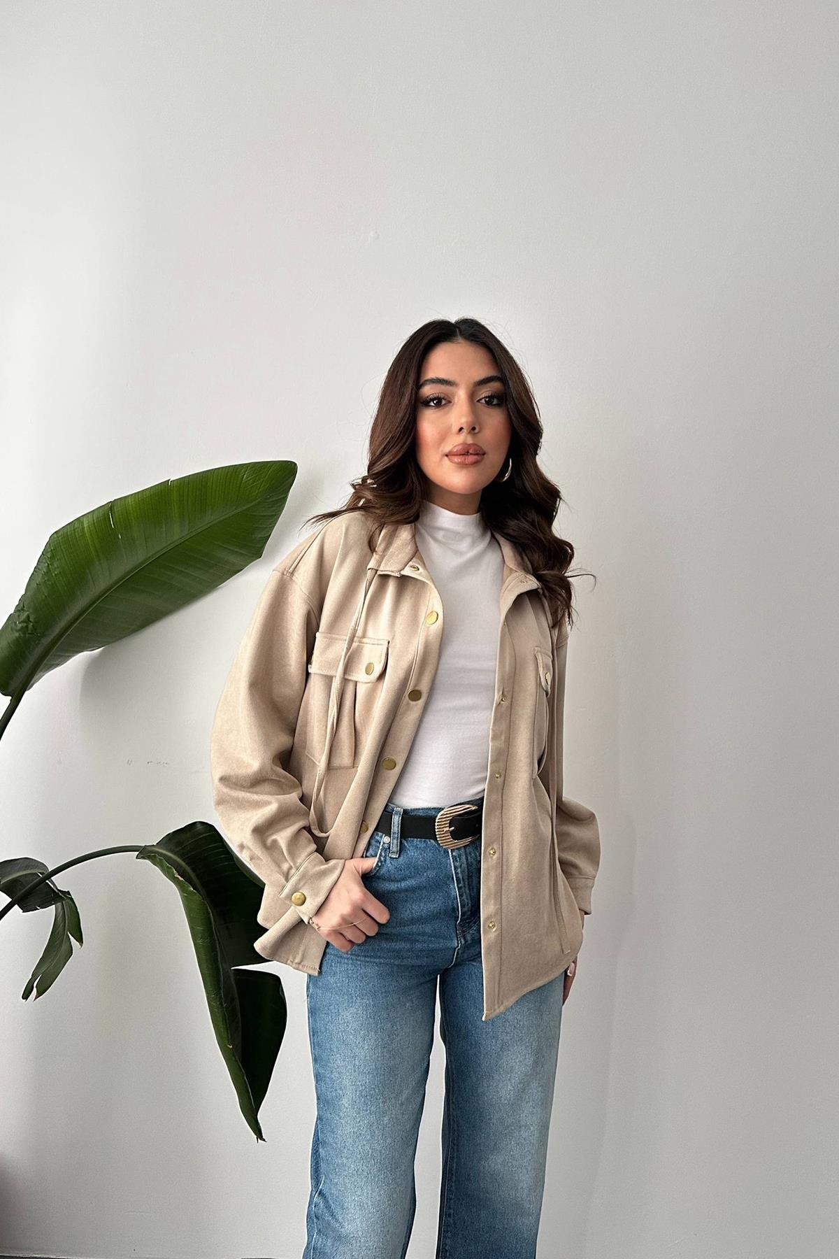 Wholesale Beige Snap Suede Shirt