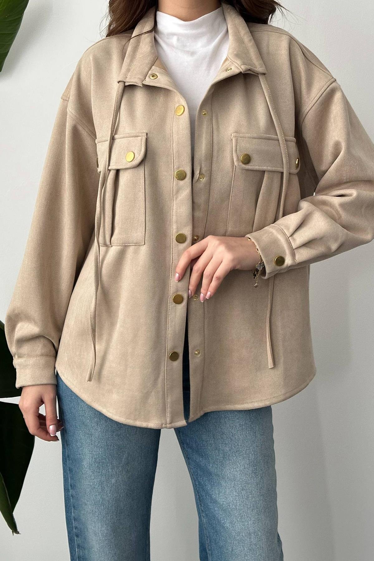 Wholesale Beige Snap Suede Shirt