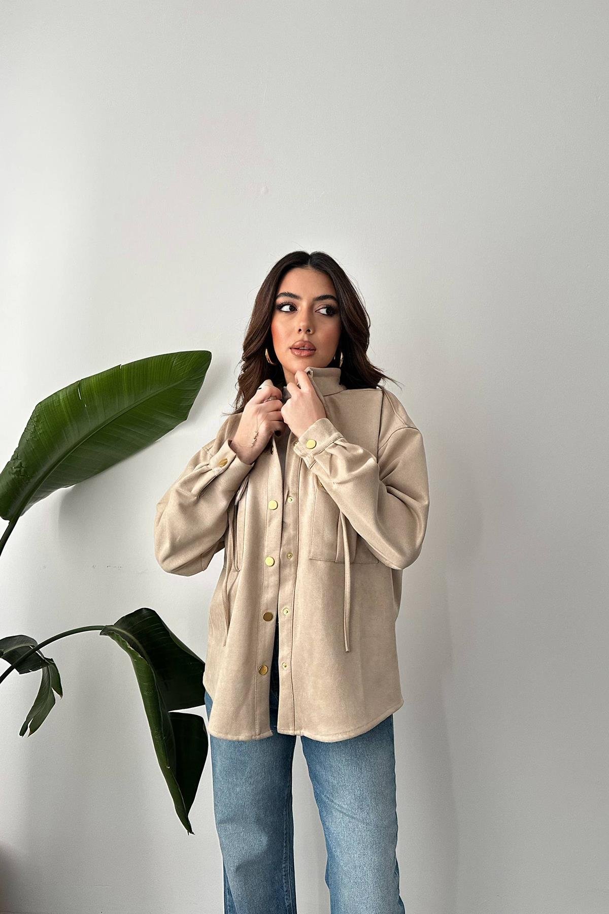 Wholesale Beige Snap Suede Shirt