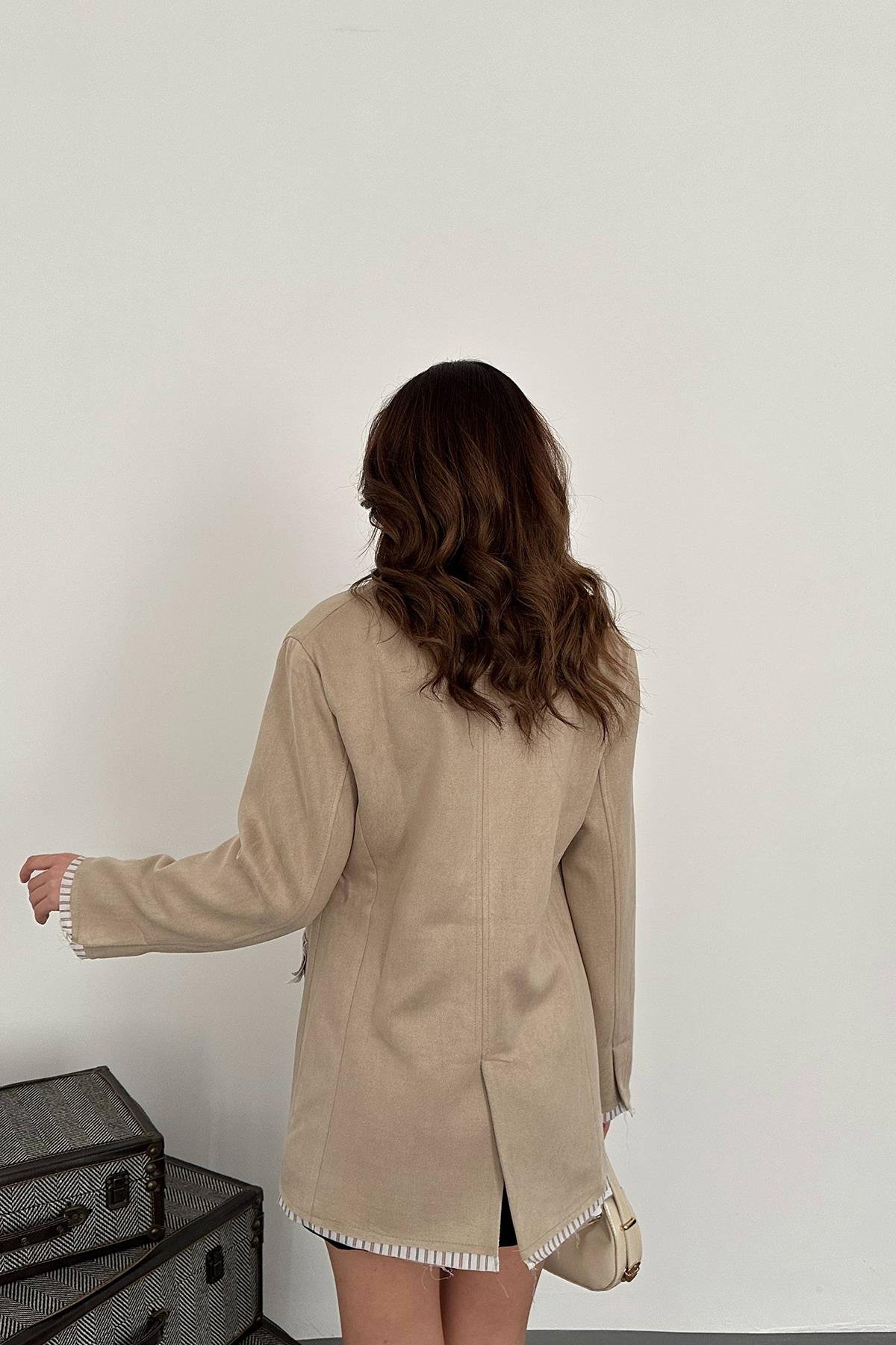 Toptan Bej Çizgili Astarlı Garnili Süet Ceket