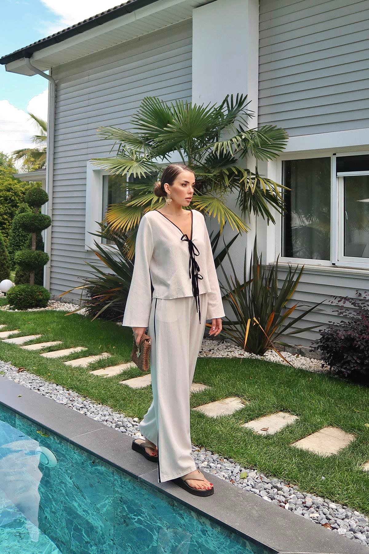 Toptan Bej Fiyonklu Keten Takım