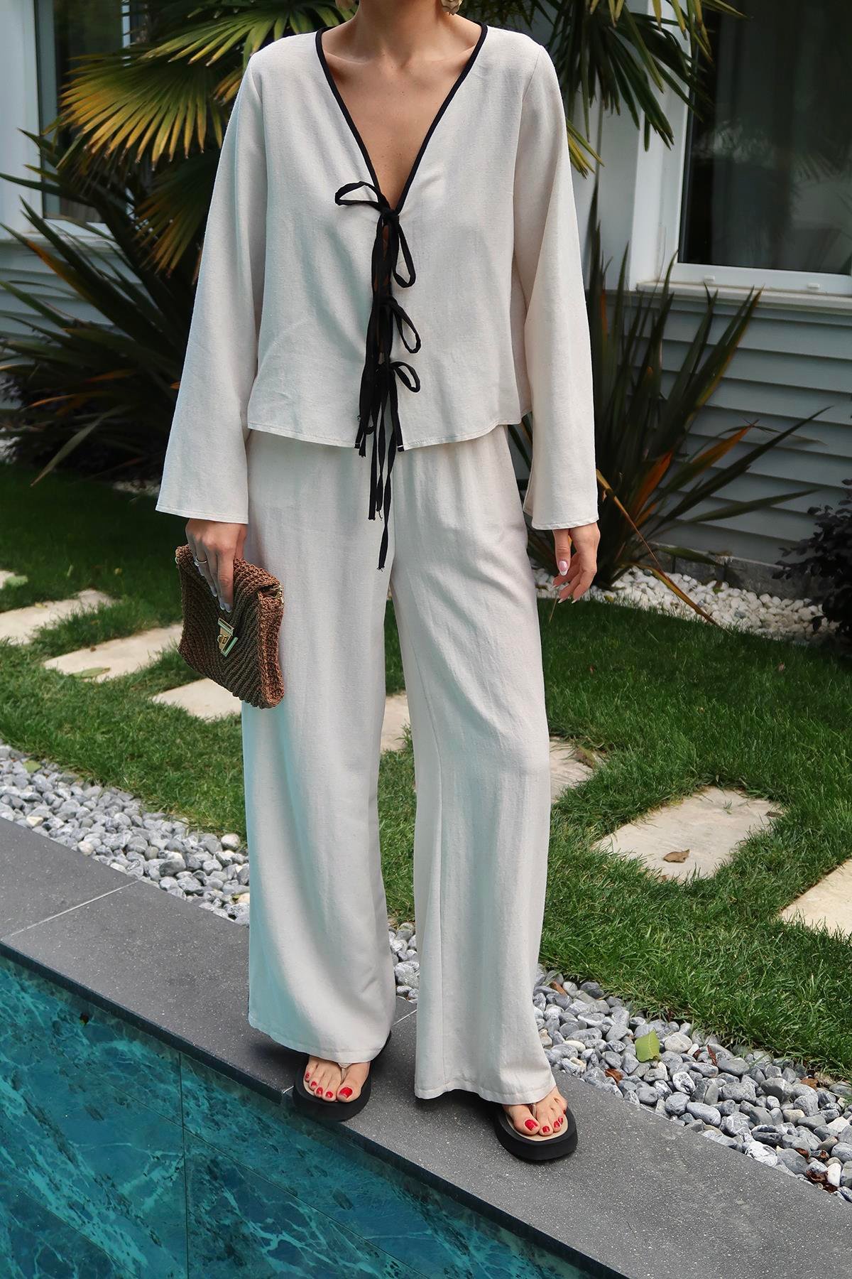 Toptan Bej Fiyonklu Keten Takım