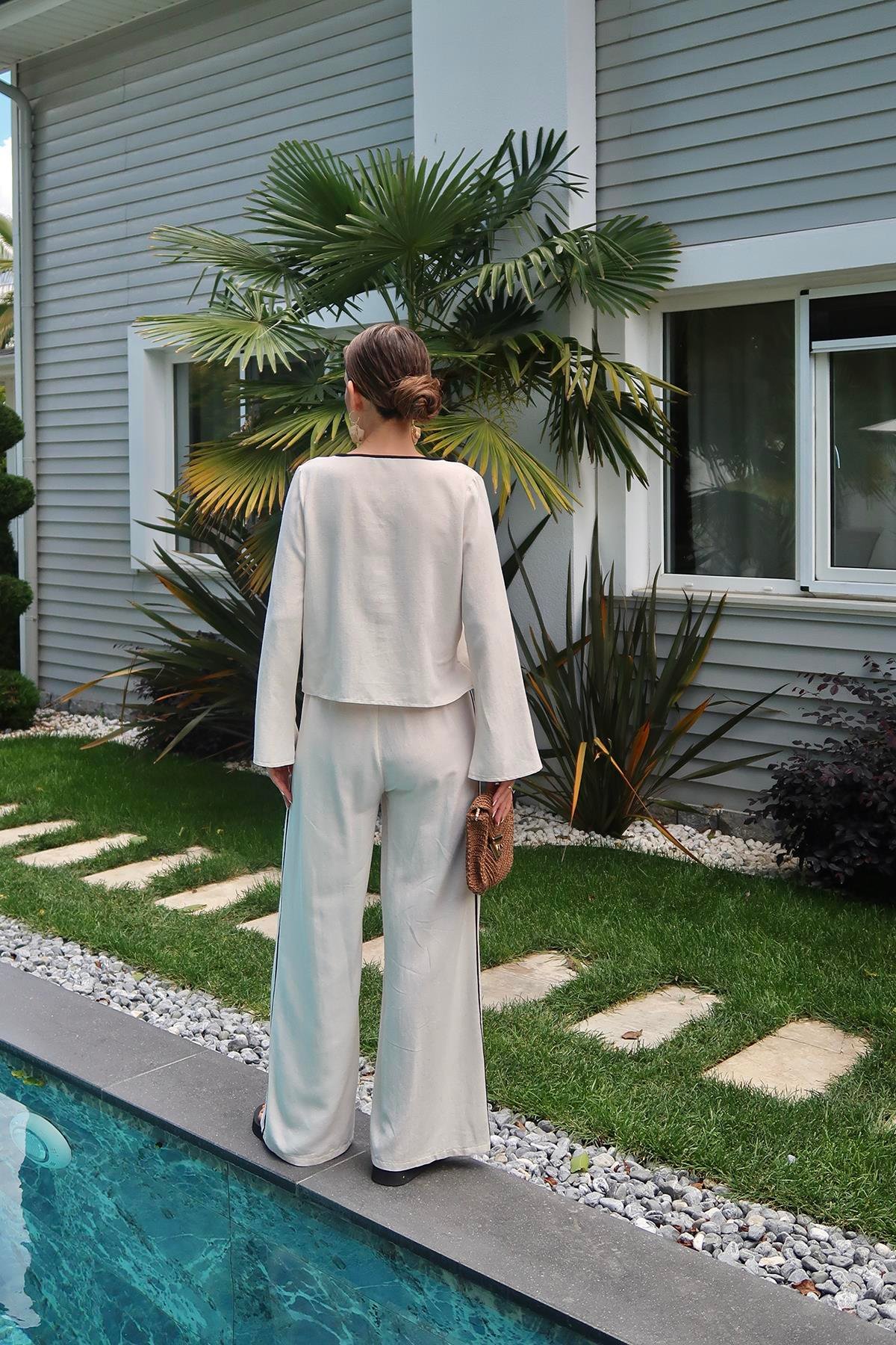 Toptan Bej Fiyonklu Keten Takım