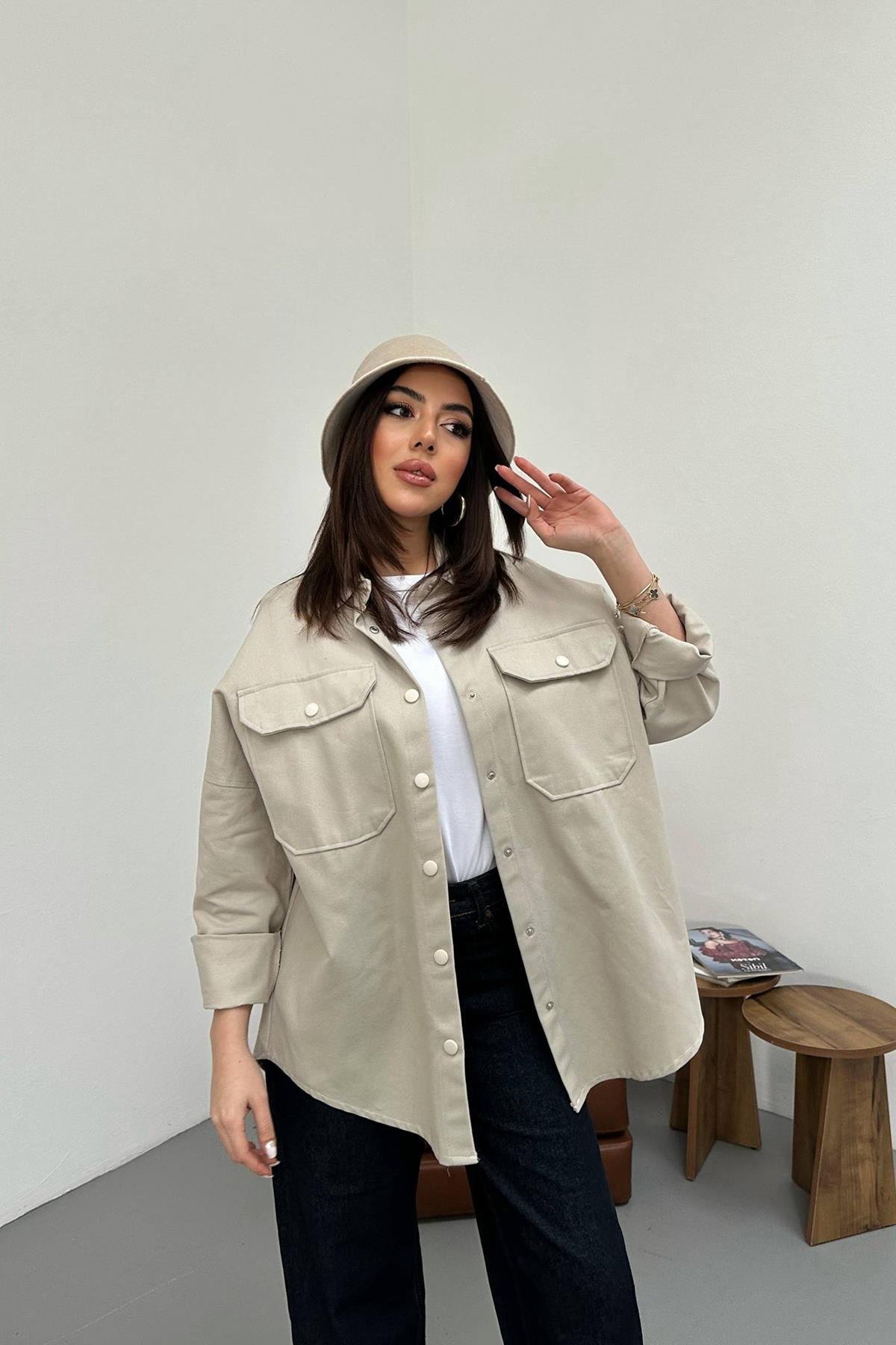 Toptan Bej Gabardin Gömlek