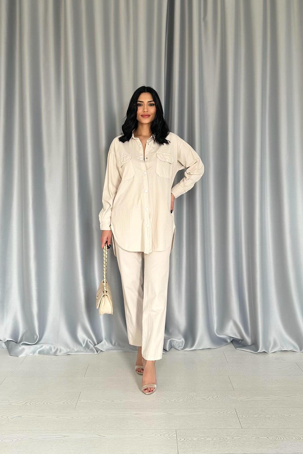 Toptan Bej Gömlek ve Çıtçıtlı Pantolon Takım