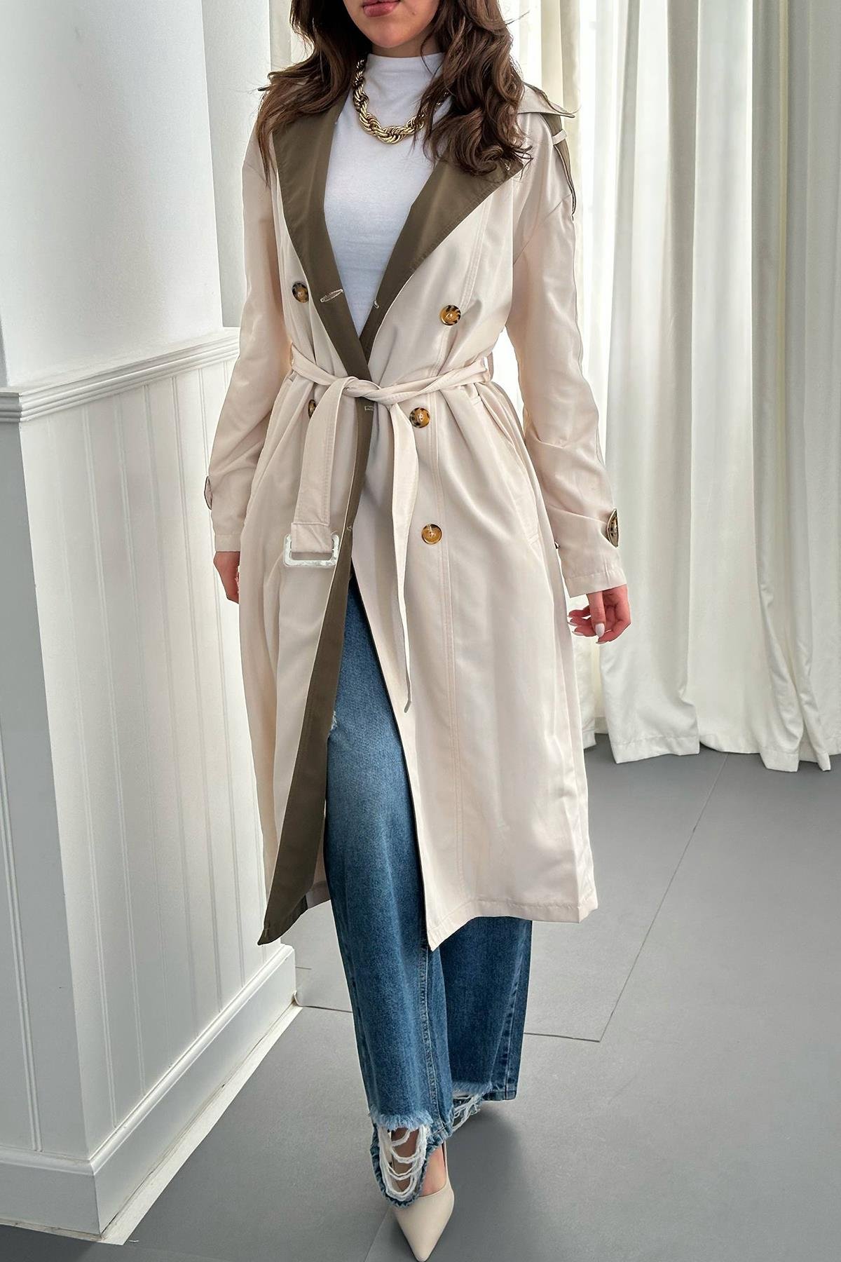 Toptan Bej Haki Arkası Çizgili ve Kemerli Trençkot