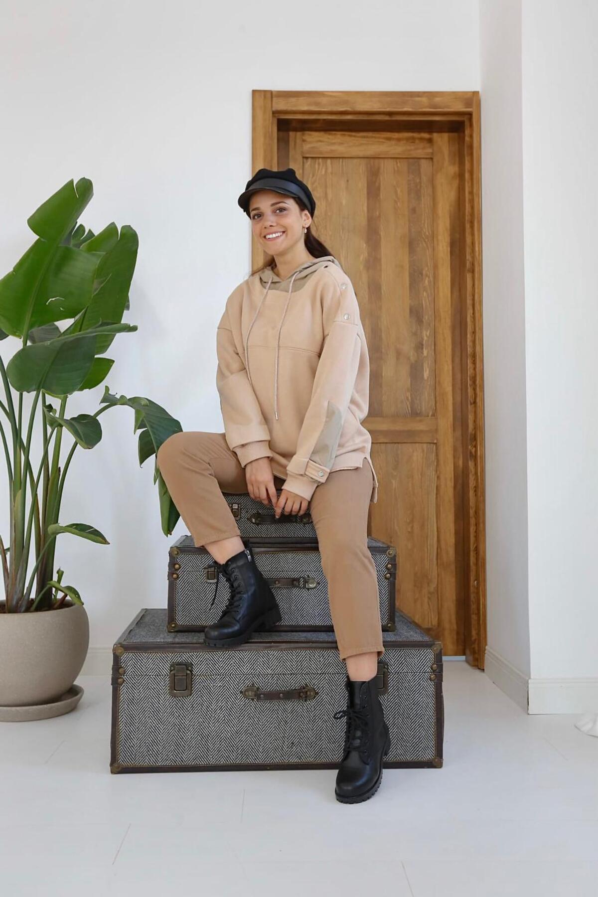 Beige Hooded Garni Detail Sweatshirt