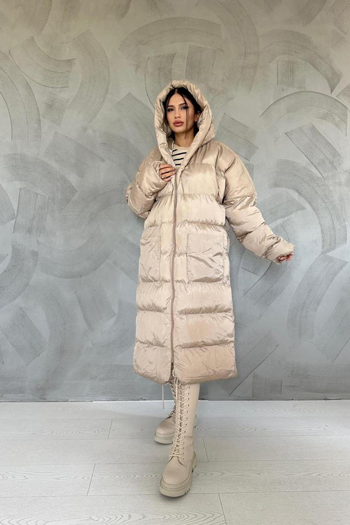 Beige Hooded Long Coat