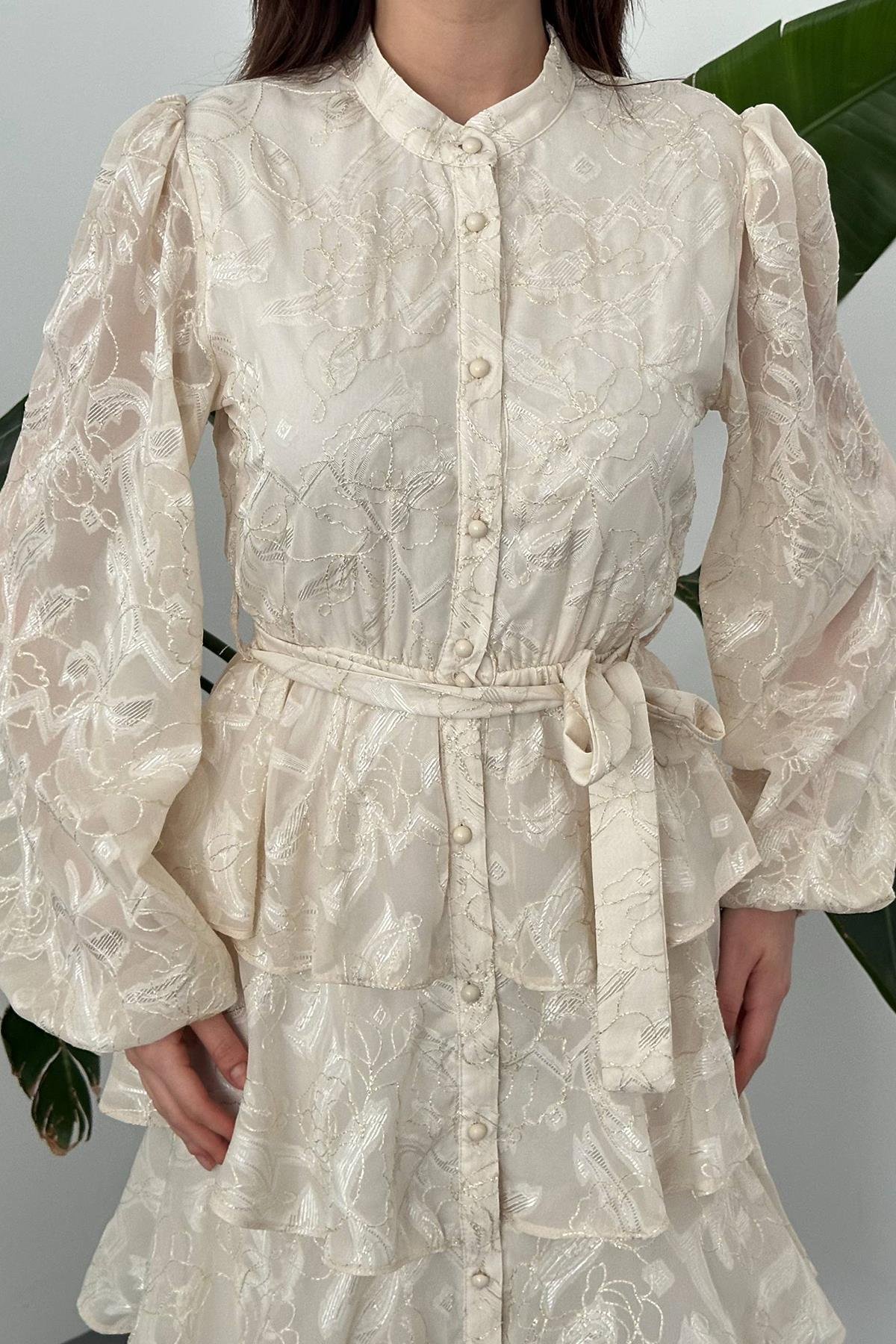 Toptan BEJ Kat Kat Jakarlı Elbise