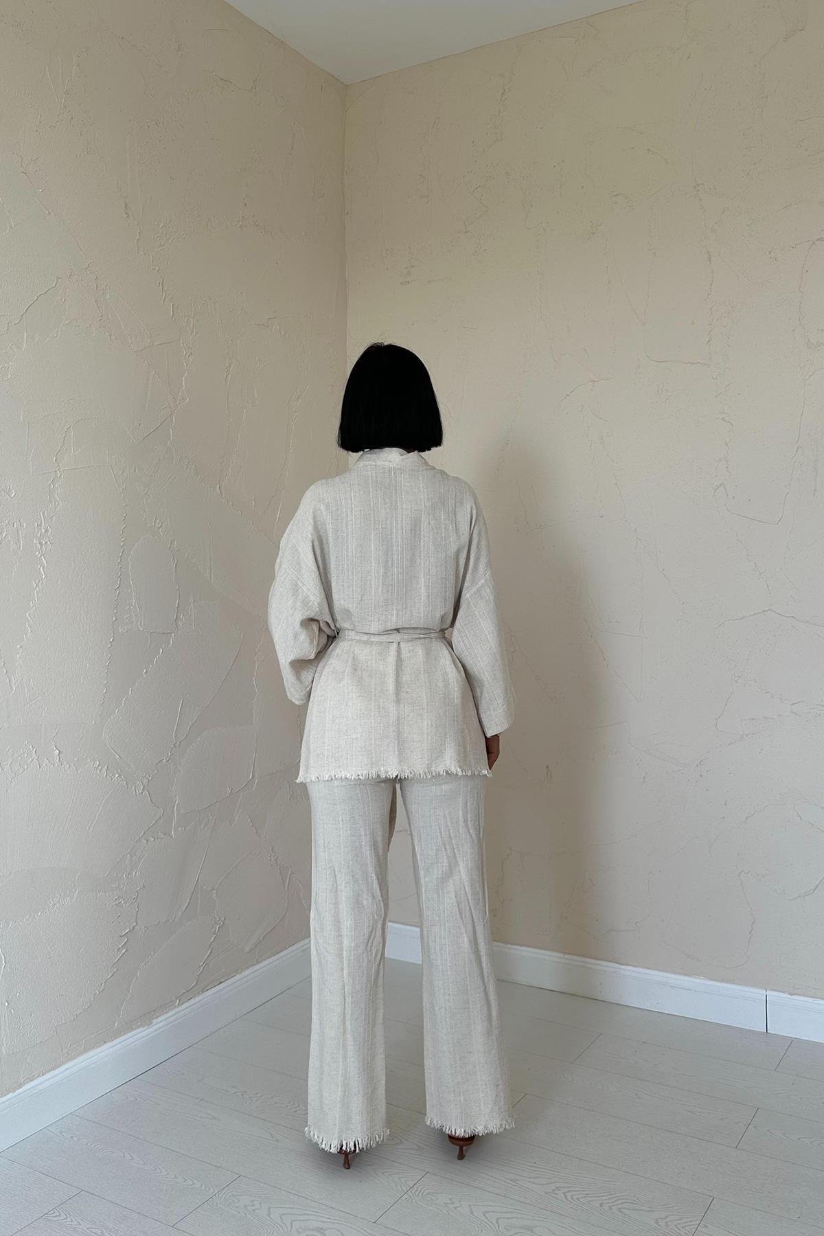 Toptan Bej Kimono Ve Pantolon Takım