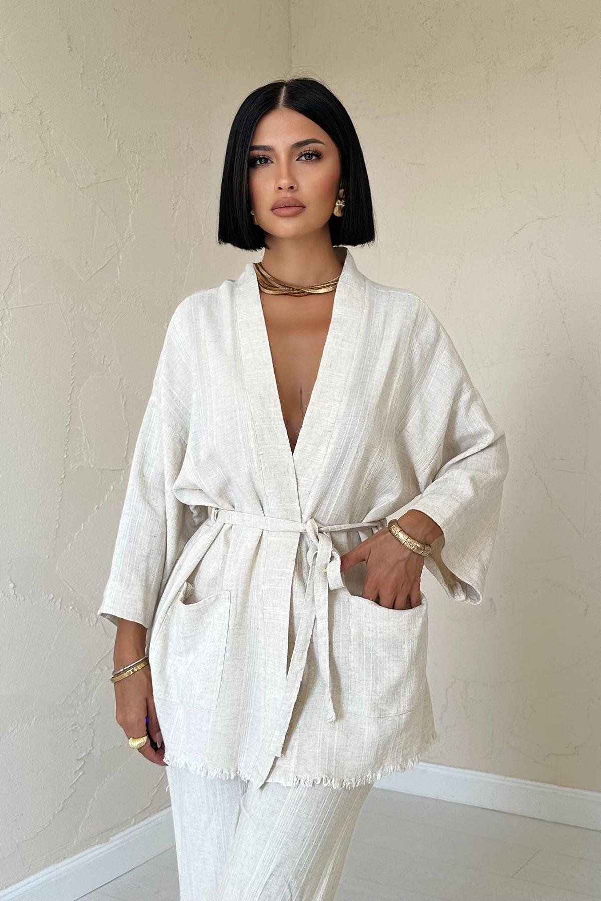 Toptan Bej Kimono Ve Pantolon Takım