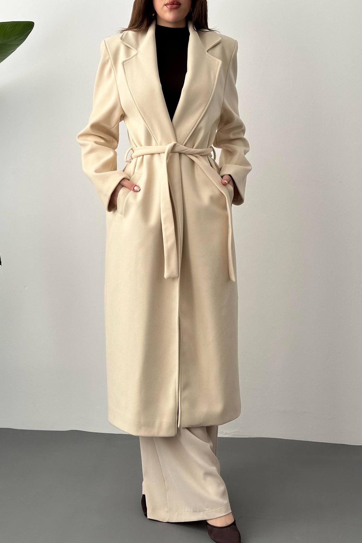 Toptan Bej Kuşaklı Midi Kaban