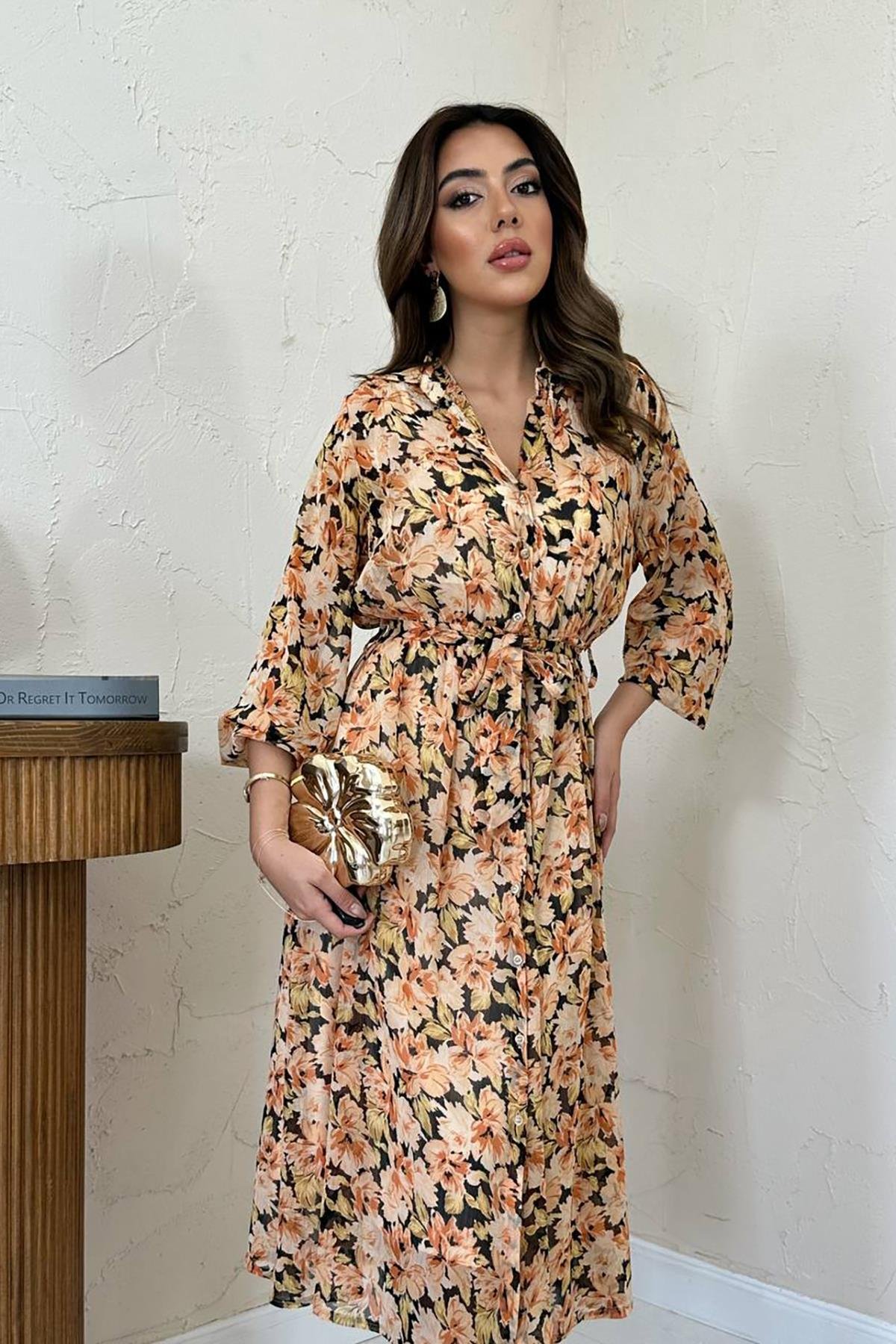 Toptan Bej Kuşaklı Şifon Elbise