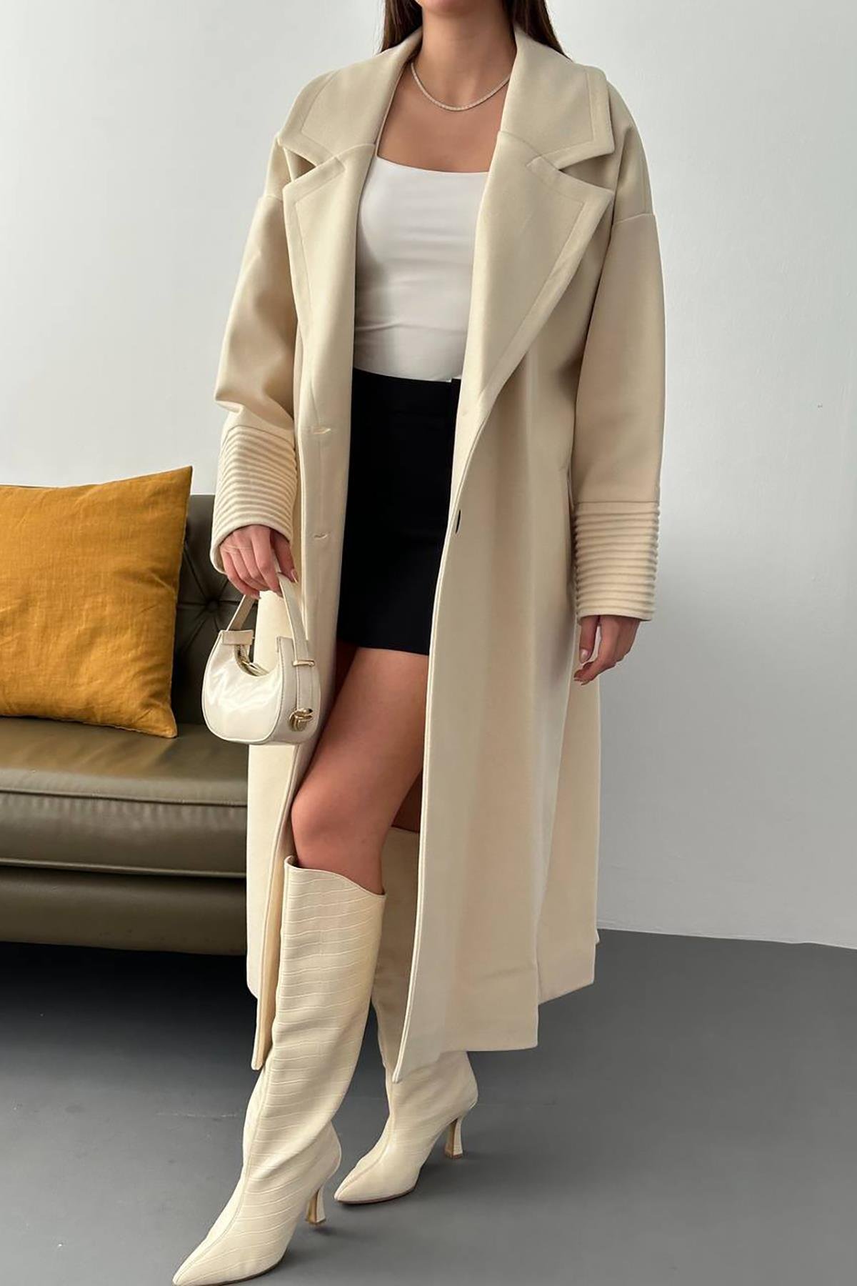 Wholesale Beige Cuff Detailed Coat