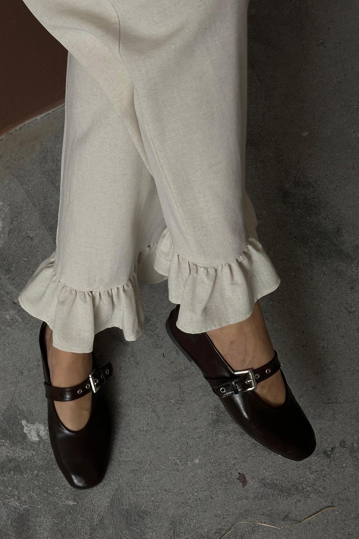 Toptan Bej Paçası Fırfırlı Keten Pantolon