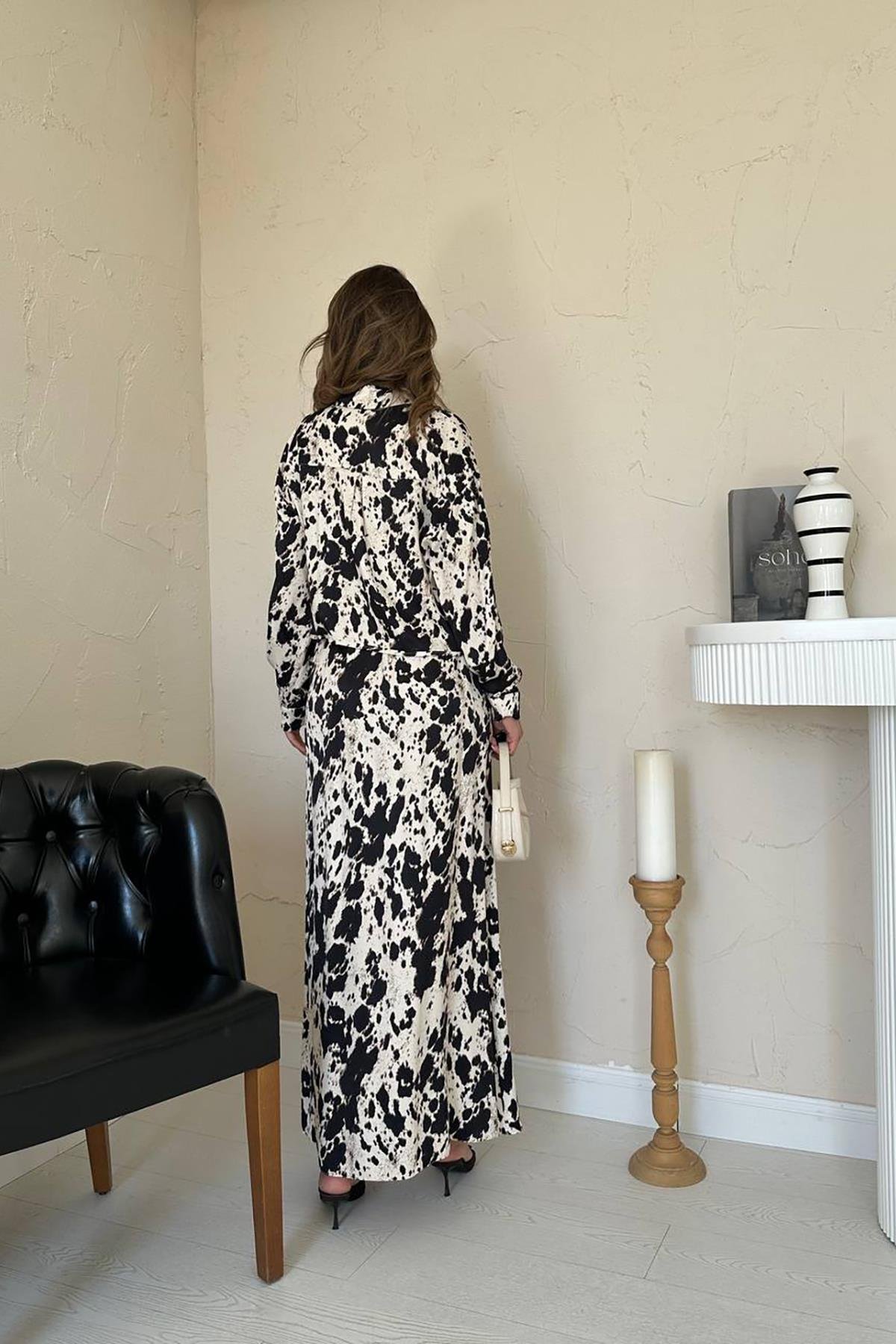 Wholesale Beige Black Patterned Viscose Suit