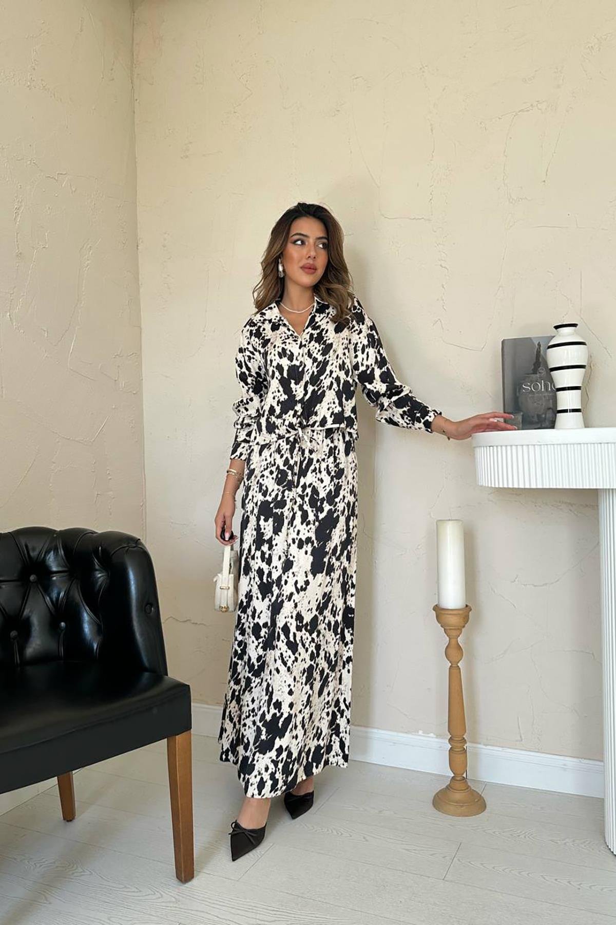 Wholesale Beige Black Patterned Viscose Suit