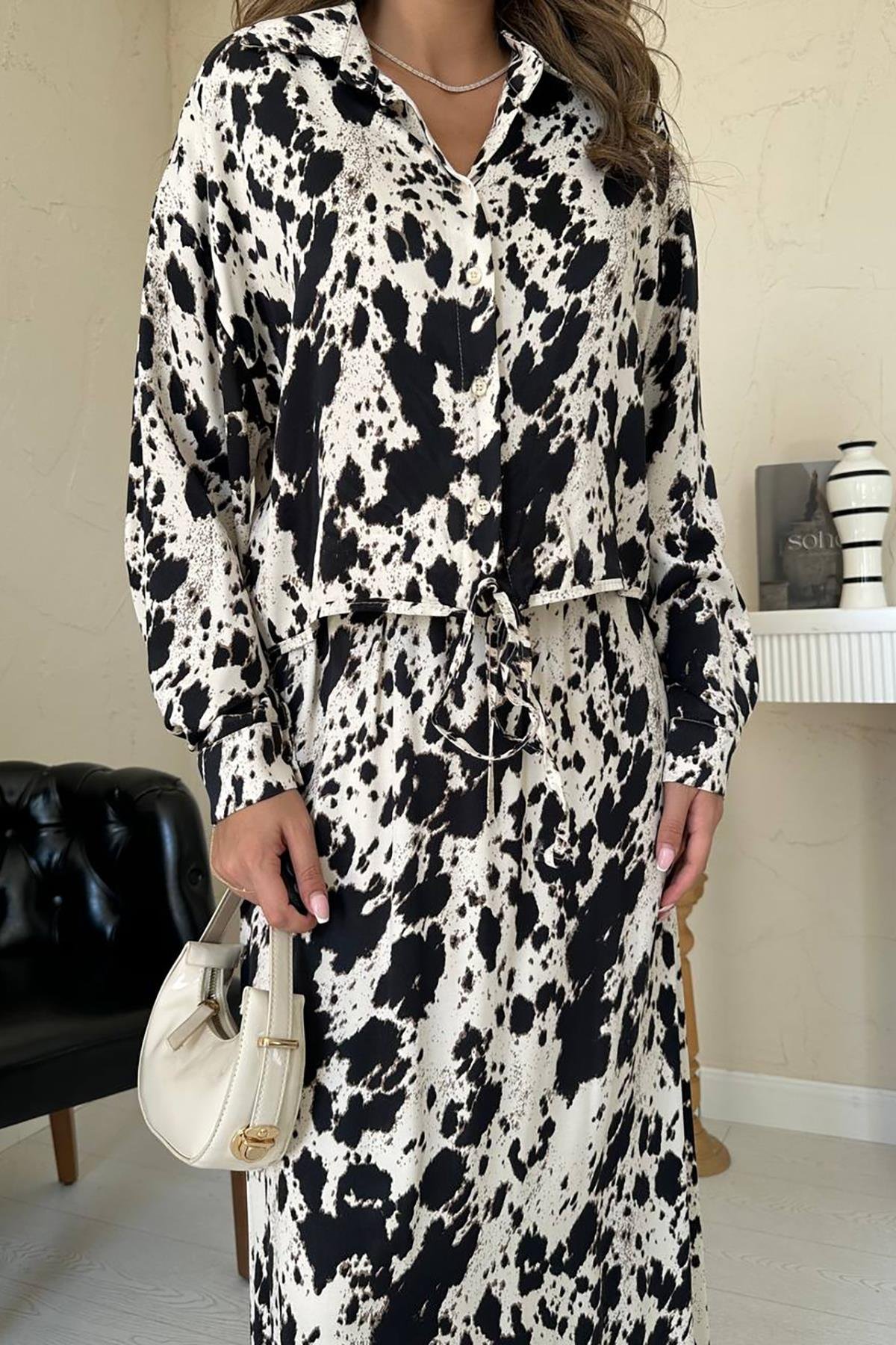 Wholesale Beige Black Patterned Viscose Suit