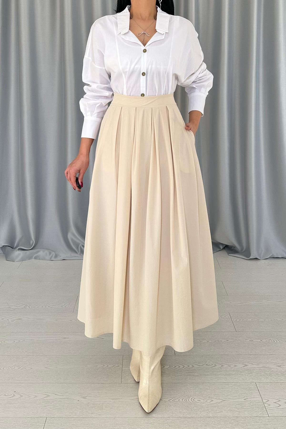 Toptan Bej Uzun Pileli Etek