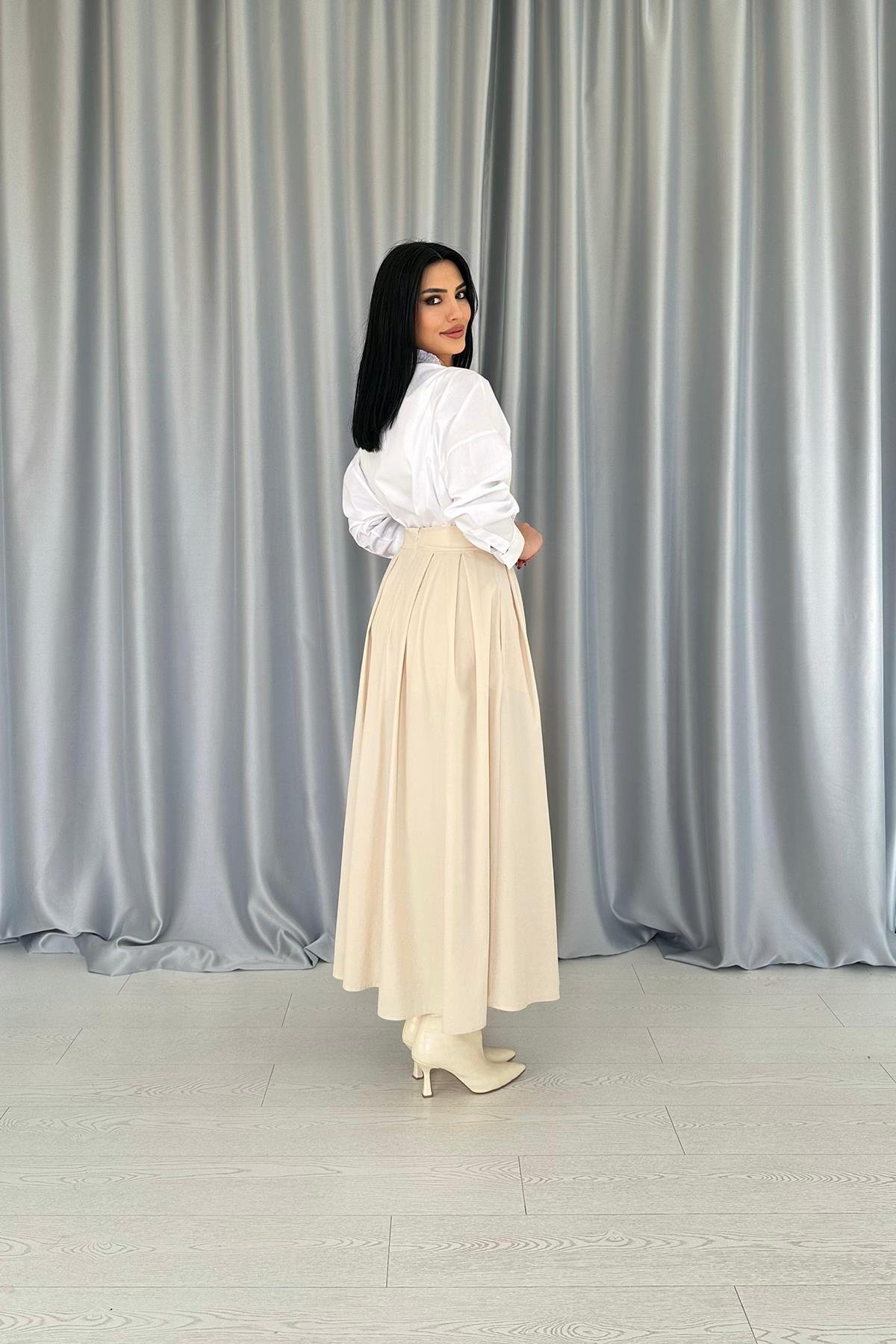 Toptan Bej Uzun Pileli Etek