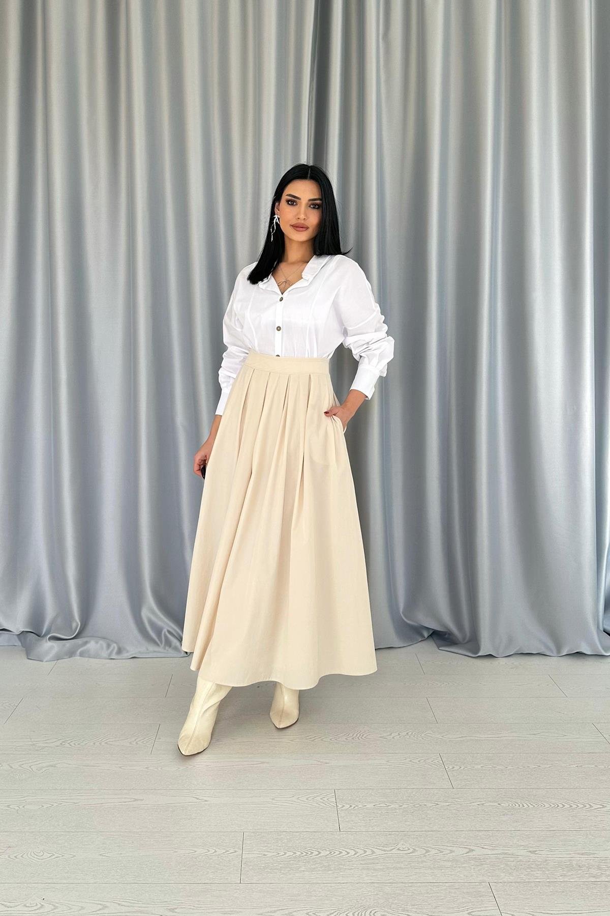 Toptan Bej Uzun Pileli Etek