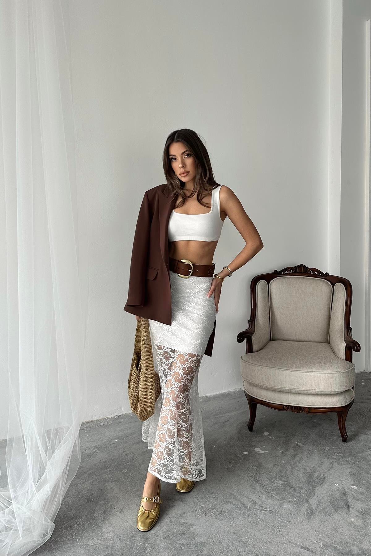 Toptan Beyaz Dantel Detaylı Etek