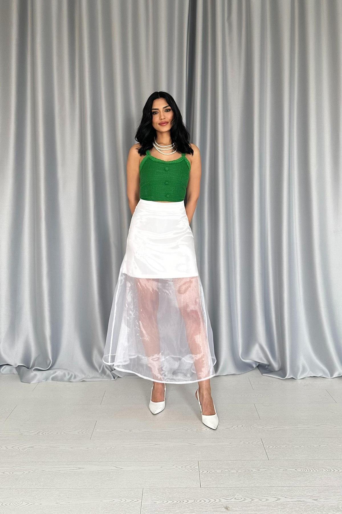 Toptan Beyaz Organze Detaylı Atlas Etek