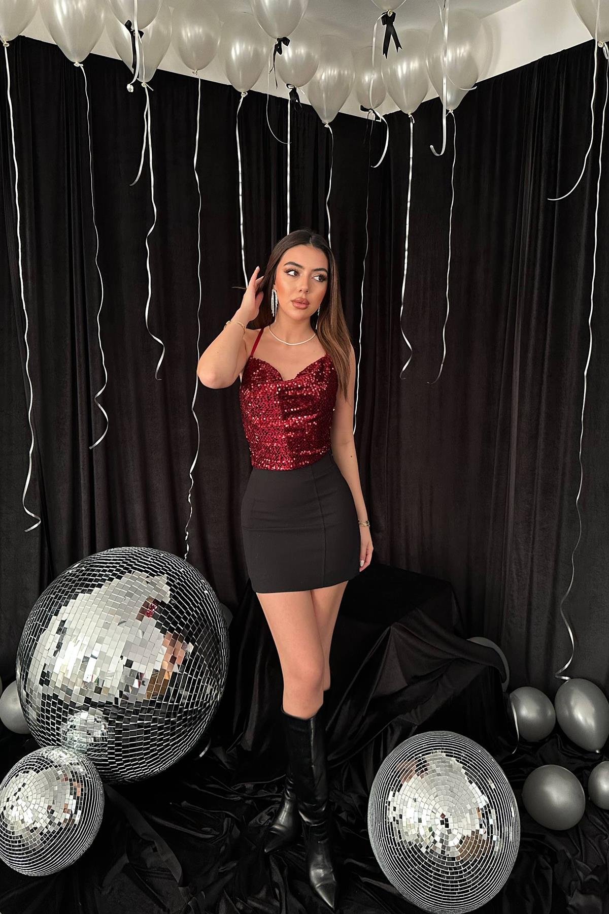 Toptan Bordo Askılı Degaje Bluz