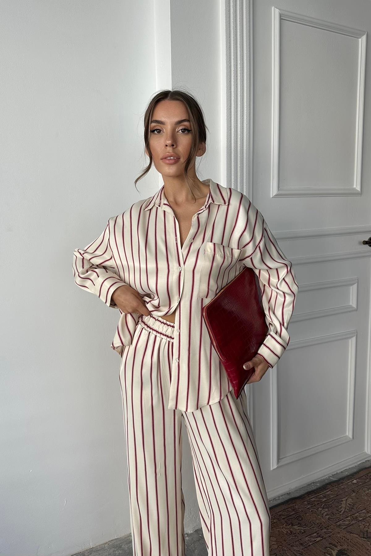 Toptan Bordo Çizgili Saten Takım