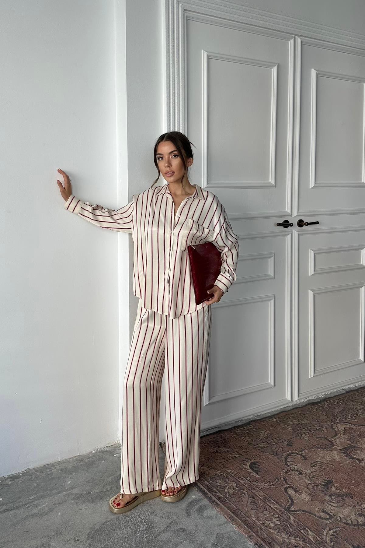 Toptan Bordo Çizgili Saten Takım