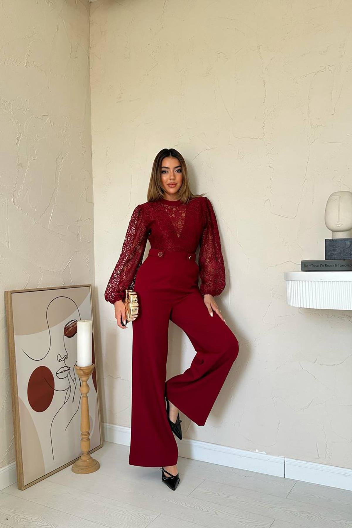 Toptan Bordo Dantelli Apoletli Tulum