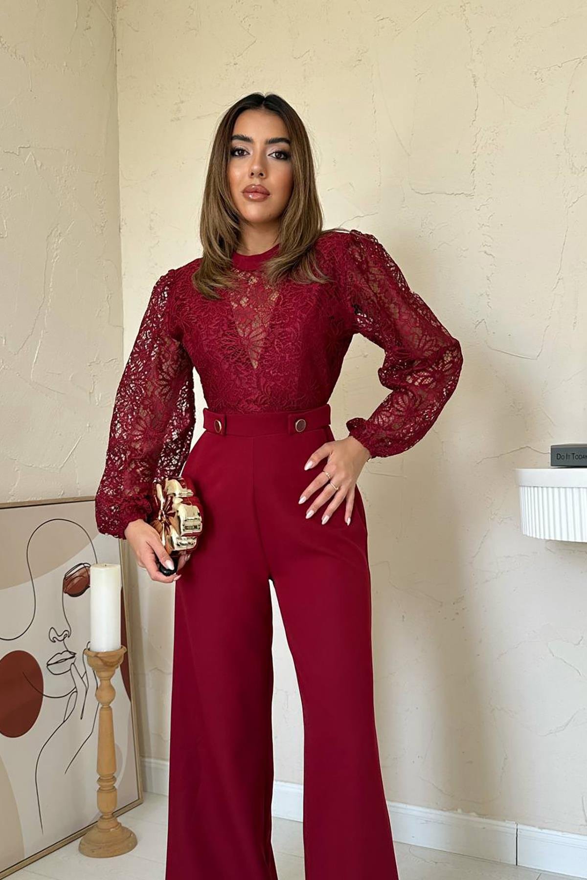 Toptan Bordo Dantelli Apoletli Tulum