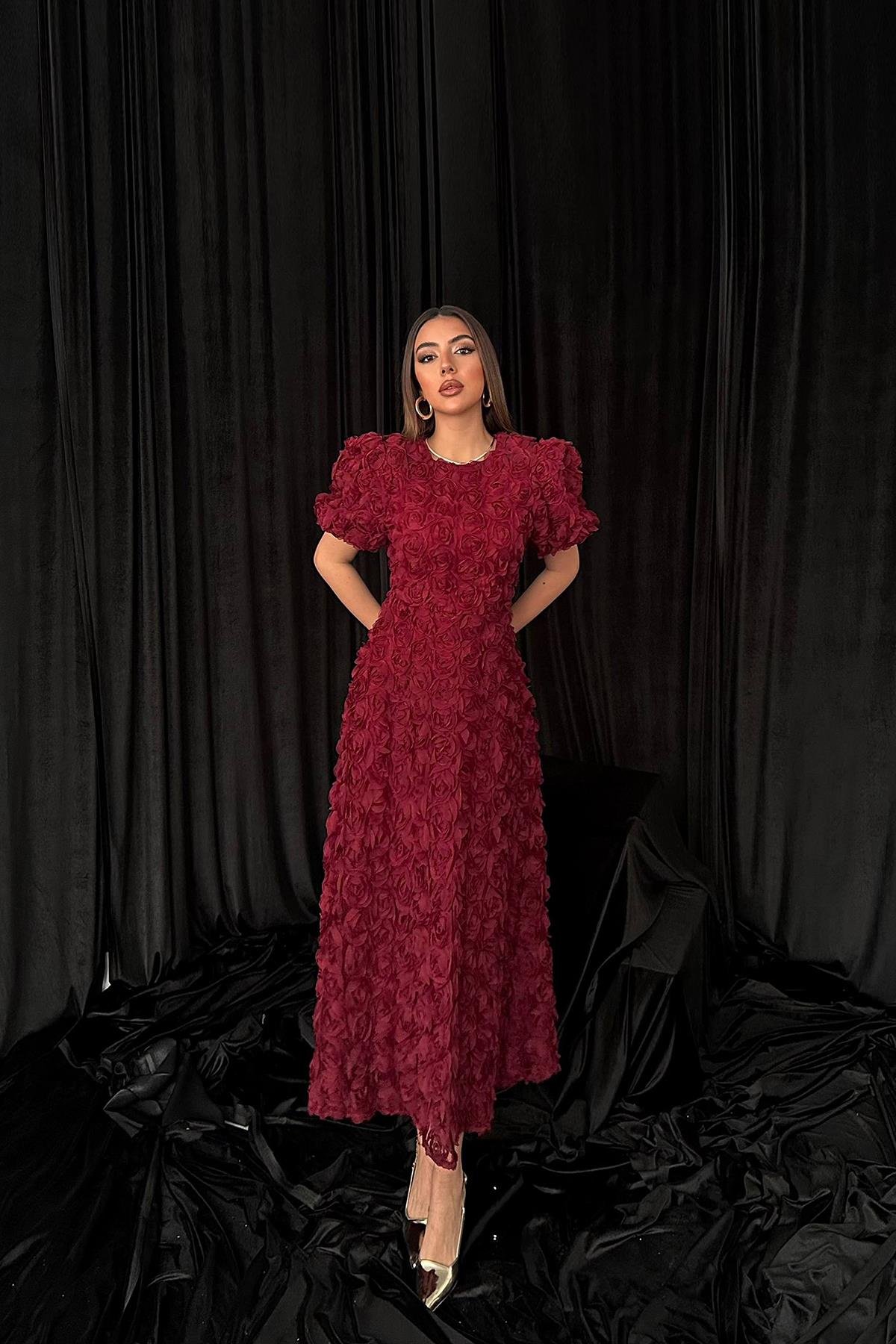 Toptan Bordo Güllü Elbise