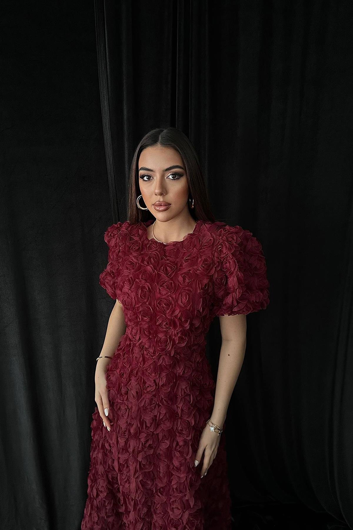 Toptan Bordo Güllü Elbise