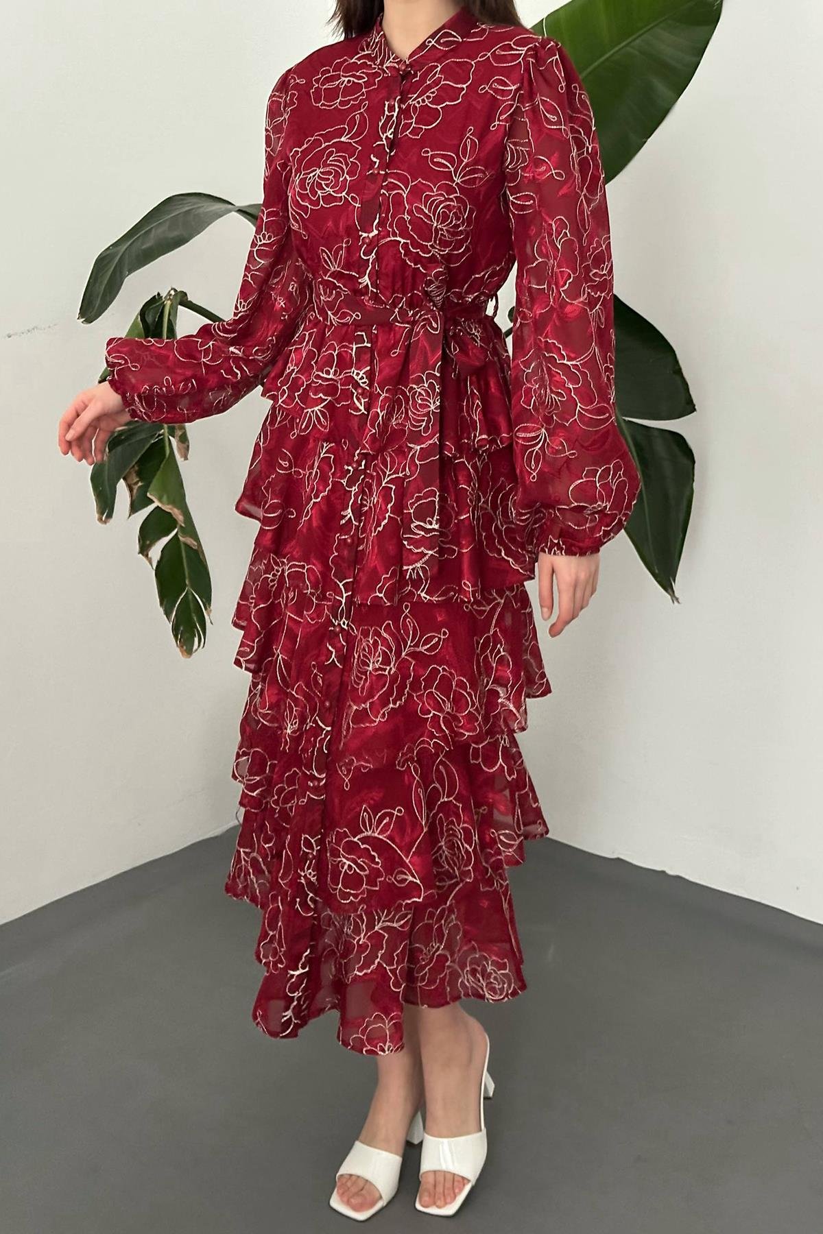 Toptan BORDO Kat Kat Jakarlı Elbise