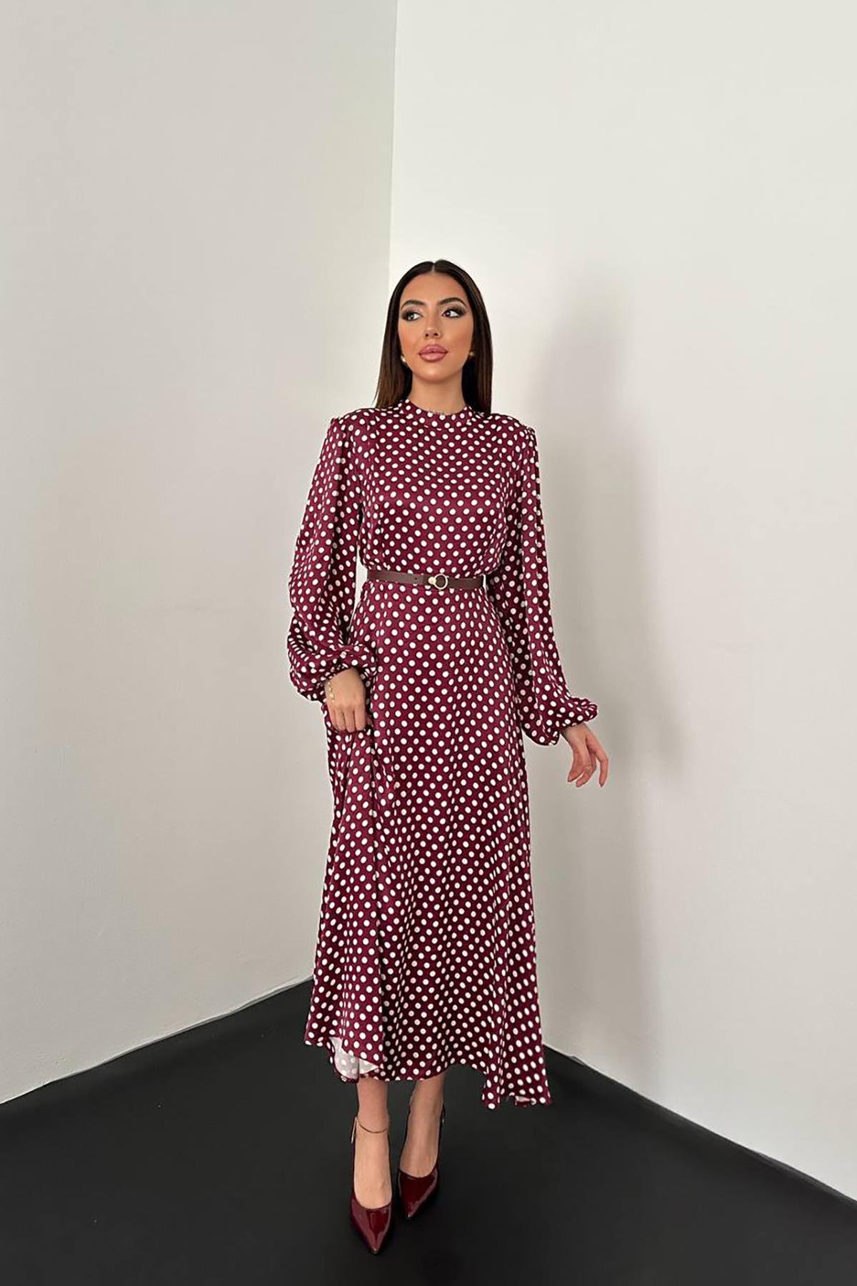 Toptan Bordo Kemer Detaylı Puantiyeli Elbise