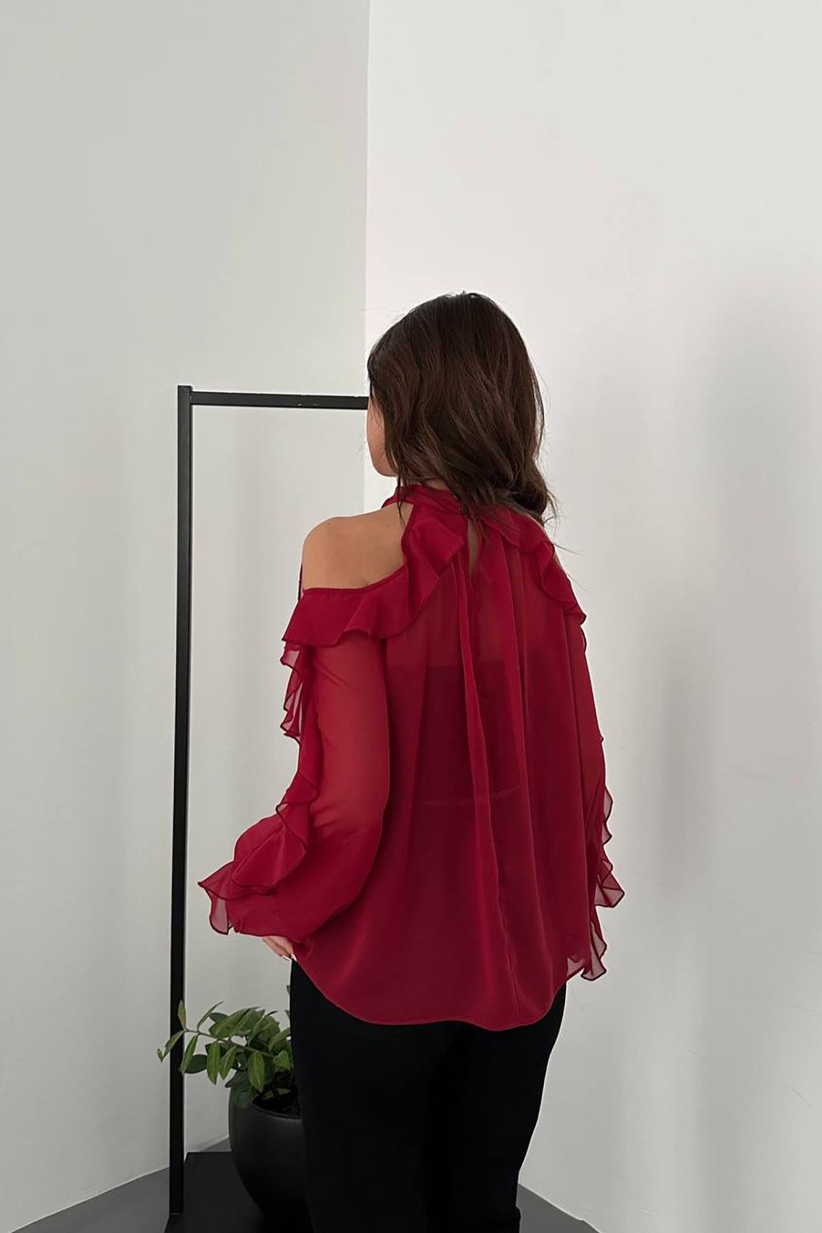 Toptan Bordo Omuzları Açık Bluz