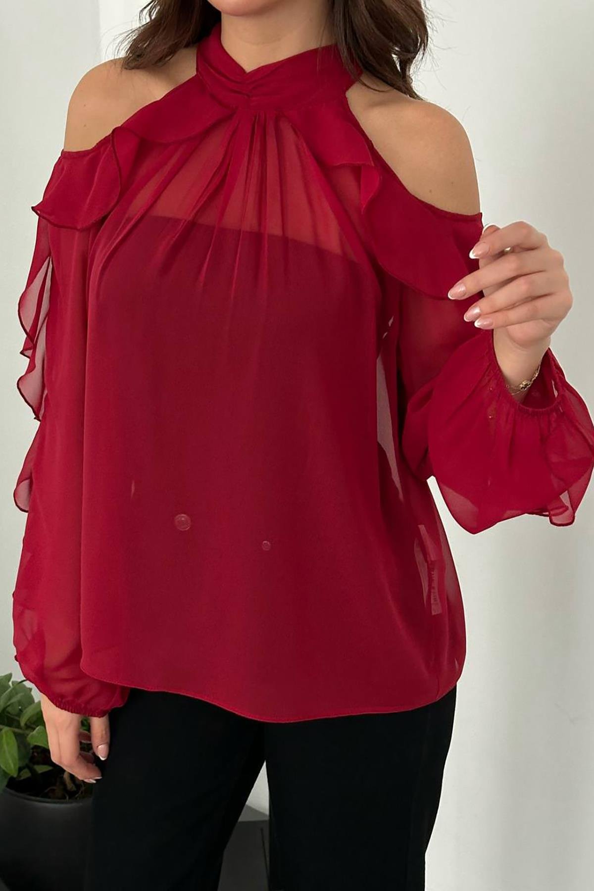 Toptan Bordo Omuzları Açık Bluz